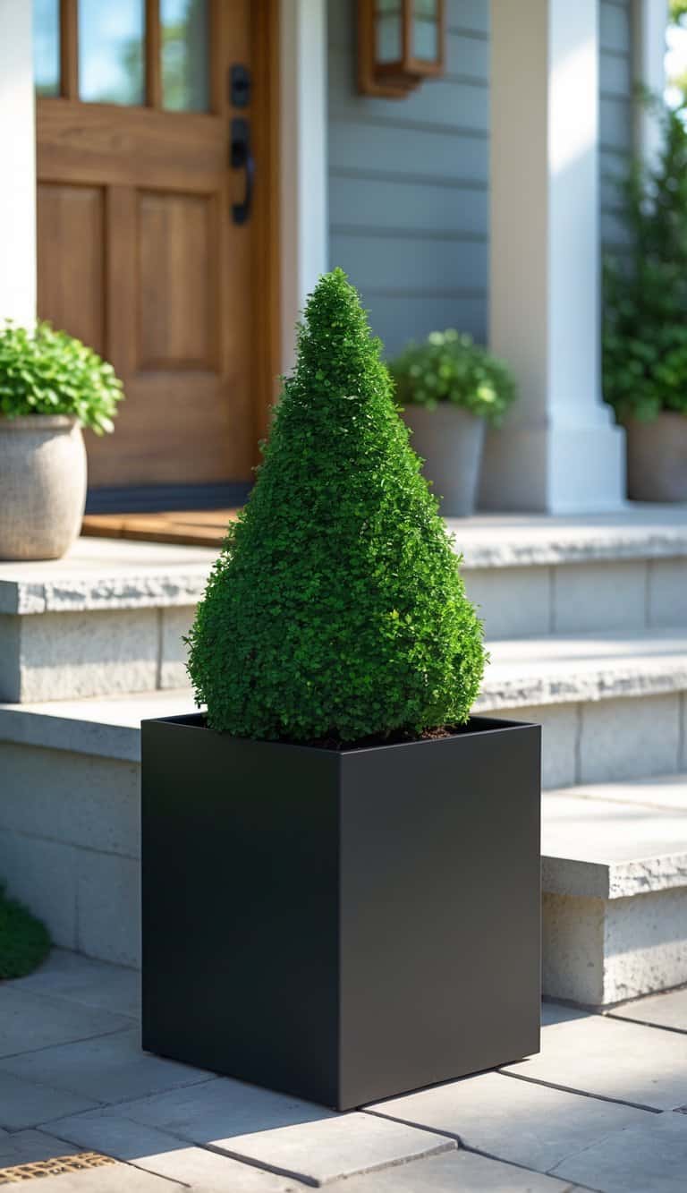 A small green topiary planted in a square black planter next to the steps of a front porch.