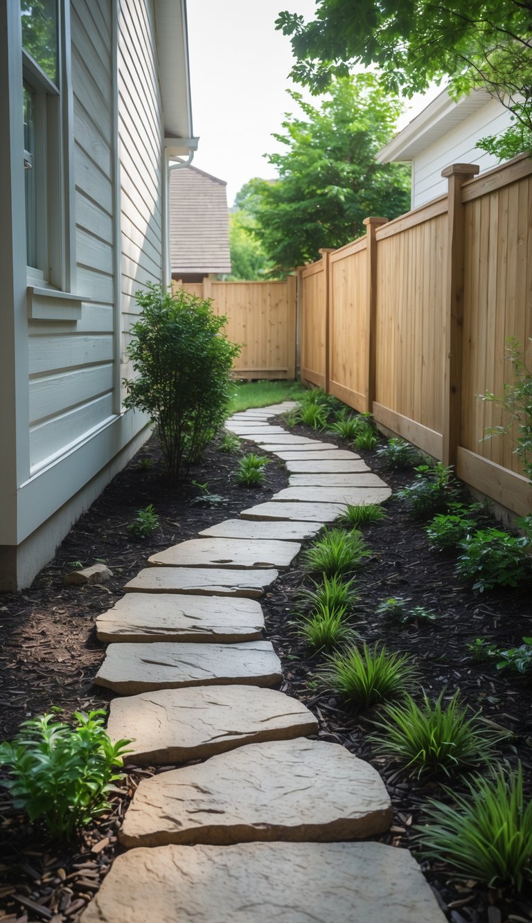 A narrow stone pathway runs through a side yard with green plants and a wooden fence beside a house.