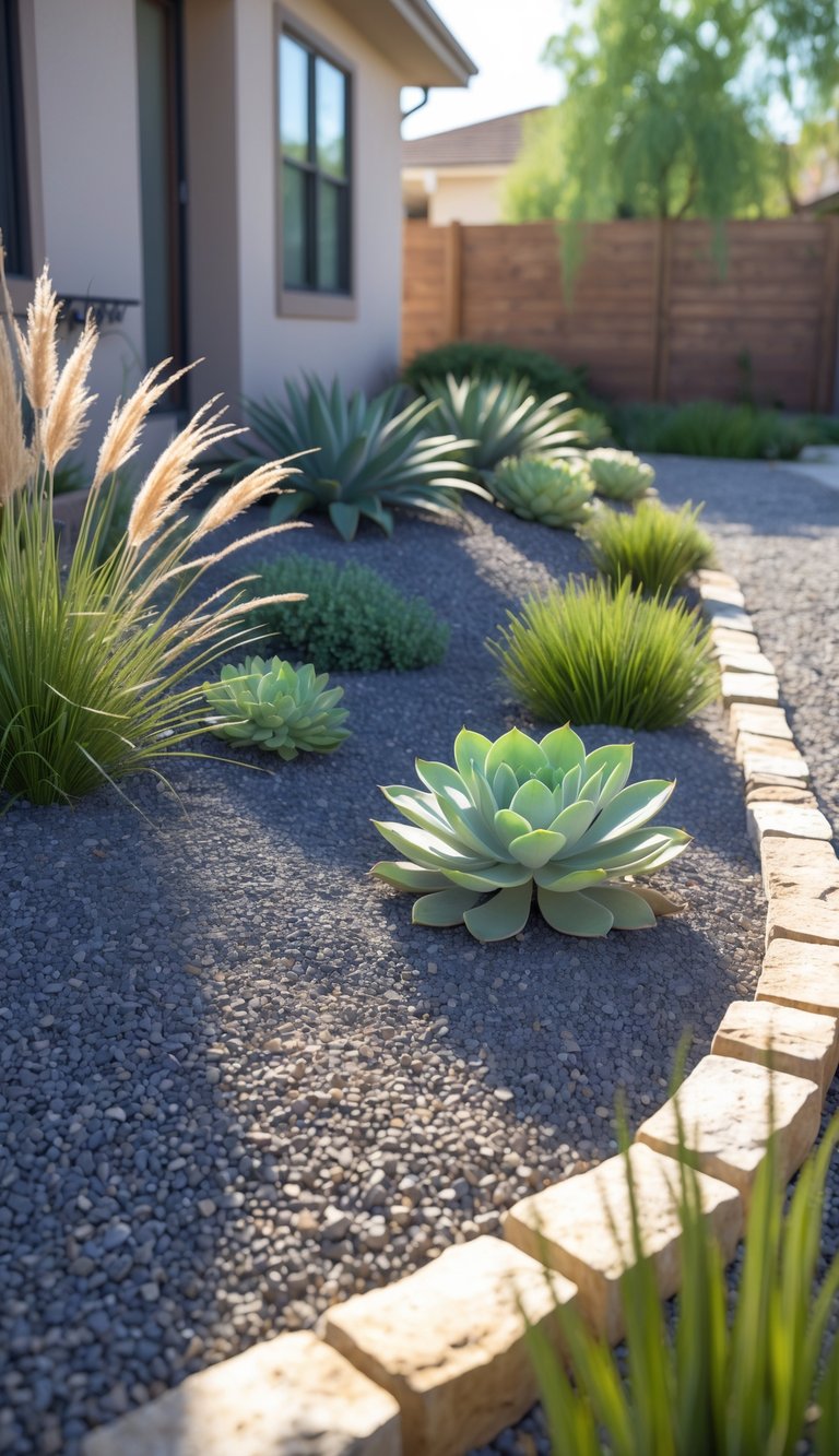 A residential side yard with a gravel garden, drought-tolerant plants, a stone-edged pathway, and a wooden fence under bright sunlight.