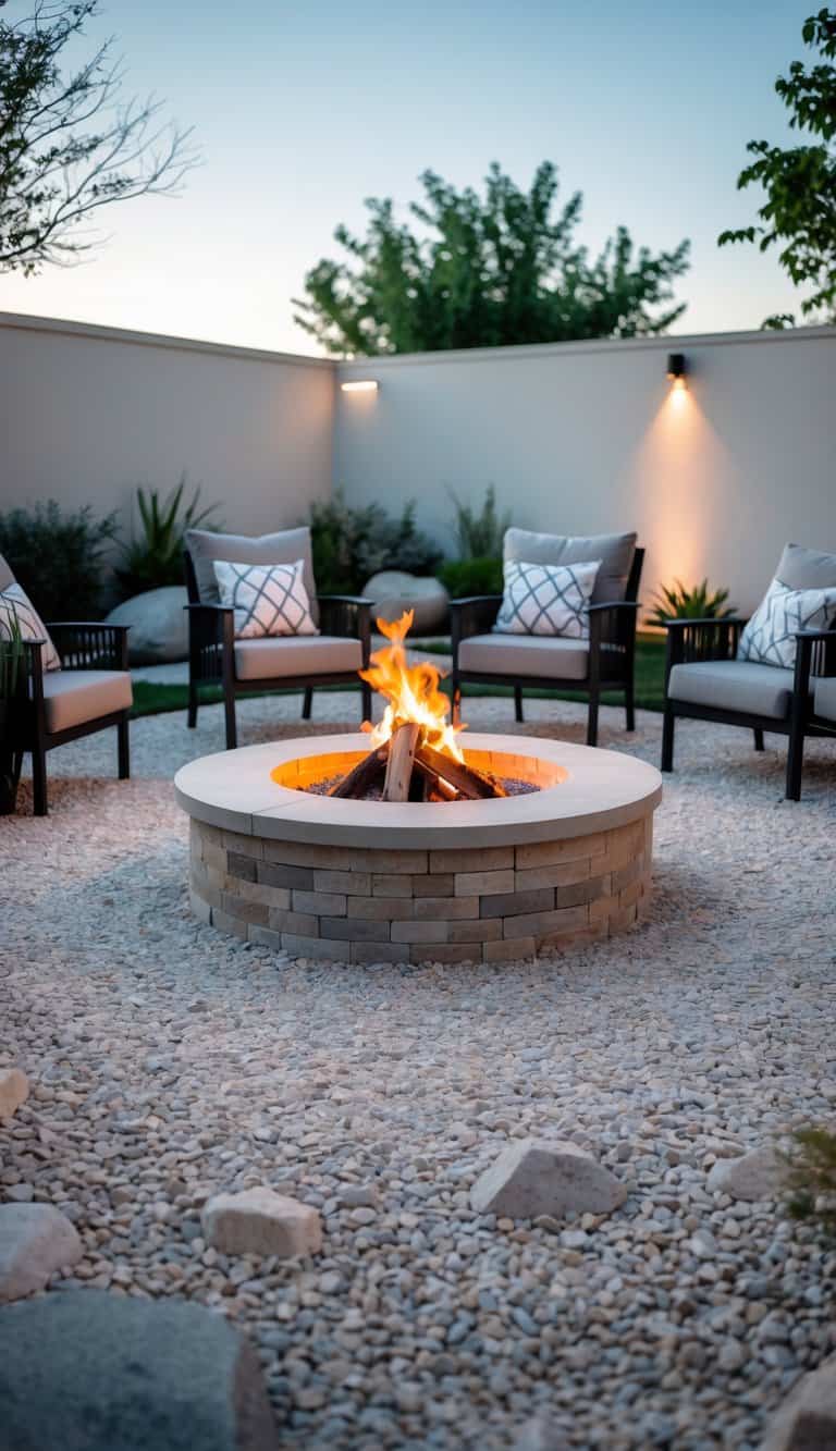 A cozy outdoor seating area with a round stone fire pit surrounded by four cushioned chairs, set on a gravel surface.