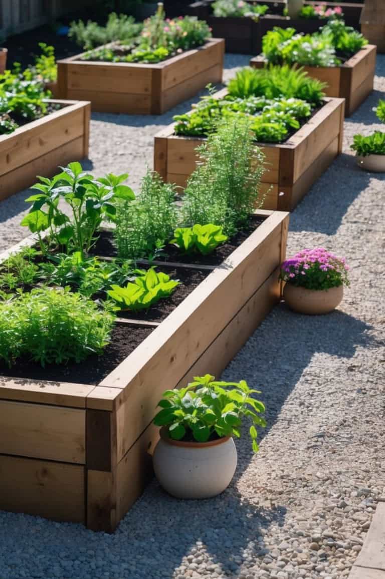 Raised wooden garden beds filled with various green plants, surrounded by a gravel path, with a small potted plant in the foreground.