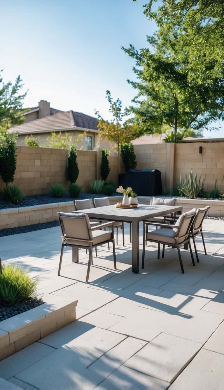 A modern outdoor patio with a rectangular table and six cushioned chairs, surrounded by tall plants and a stone fence, under a clear blue sky.