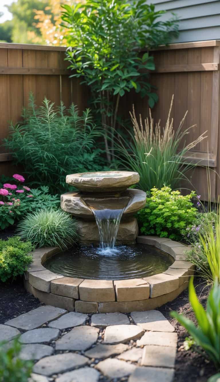 A small garden fountain made of stacked stones with flowing water, surrounded by lush greenery and pink flowers, next to a wooden fence.