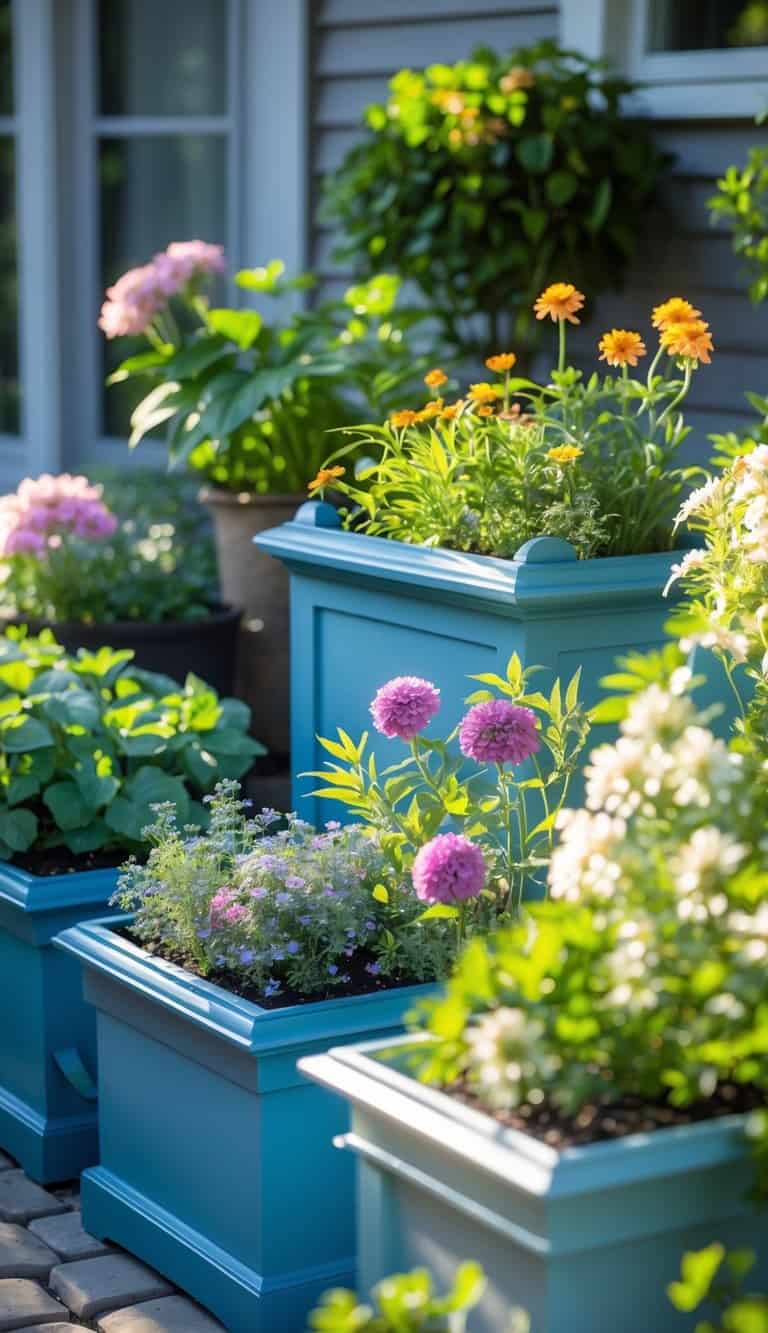 A garden with vibrant flowers in blue planters, featuring orange and pink blooms, set against a house with grey siding.