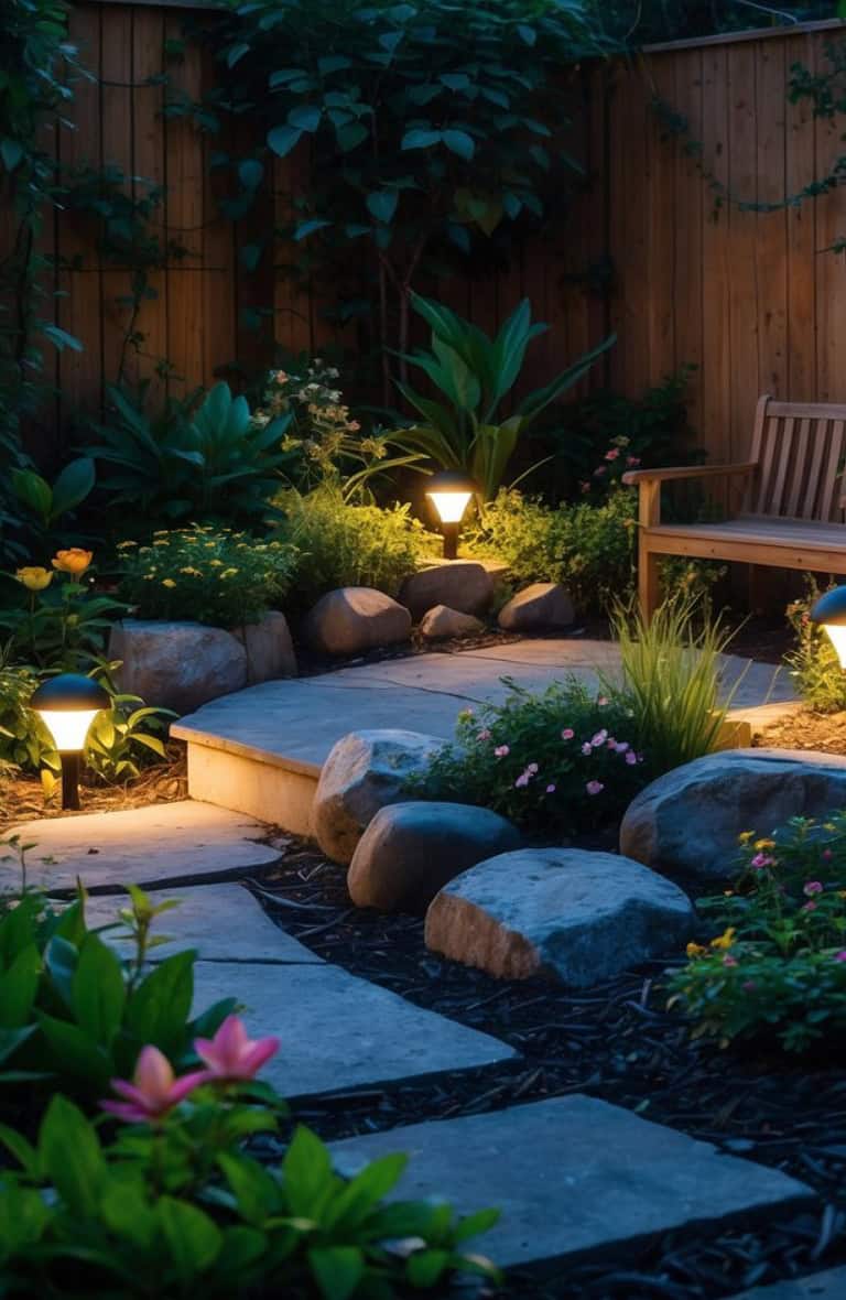 A tranquil garden scene at dusk featuring a stone pathway lit by small ground lights, surrounded by lush green plants, colorful flowers, and a wooden bench on a wooden fence backdrop.