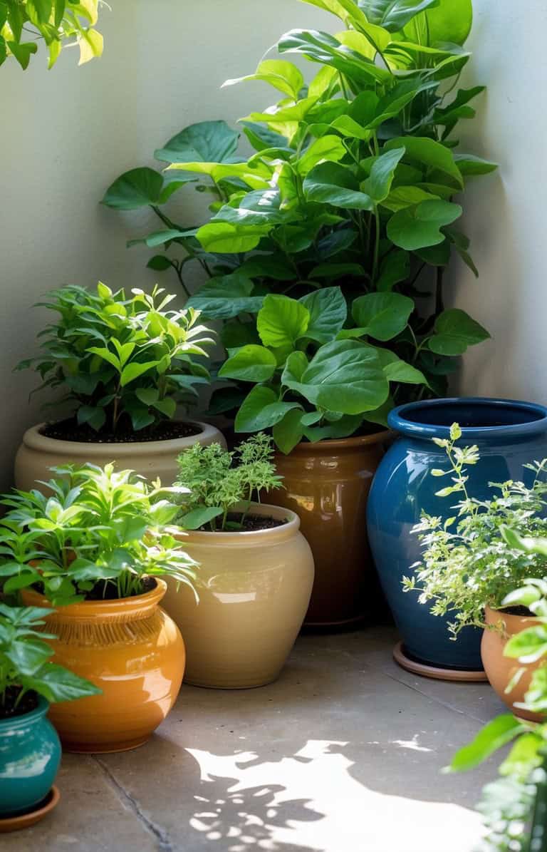 A collection of potted plants in various colorful ceramic pots, including blue, orange, and beige, placed in a corner with bright sunlight illuminating the green foliage.