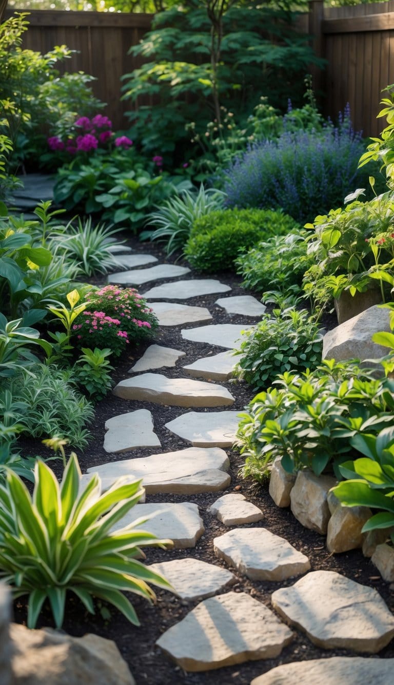 A garden path made of irregularly shaped stone slabs winds through a lush garden with various green plants and blooming flowers under dappled sunlight.