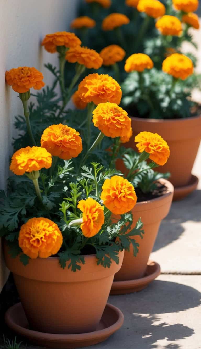 Rows of potted marigold flowers in orange clay pots along a sunlit path.