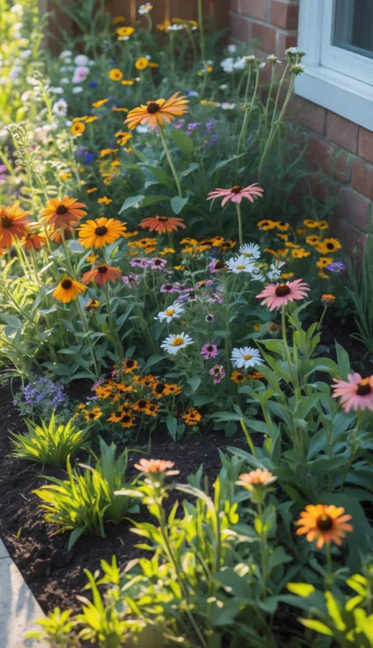 A garden bed featuring a variety of wildflowers, including orange cone flowers and white and pink daisies, growing beside a brick wall and window.