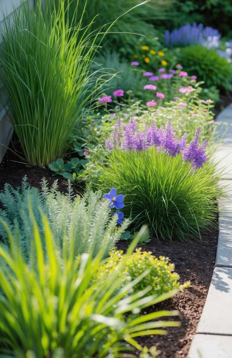 A garden bed with a variety of plants including tall grasses, purple flowers, and green foliage along a curved stone walkway.