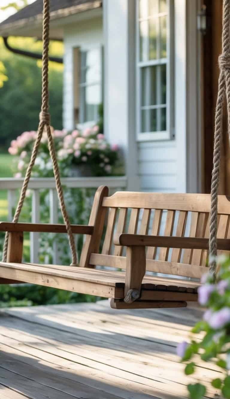 A wooden porch swing suspended by ropes on a wooden deck, with a house and blooming pink flowers in the background.