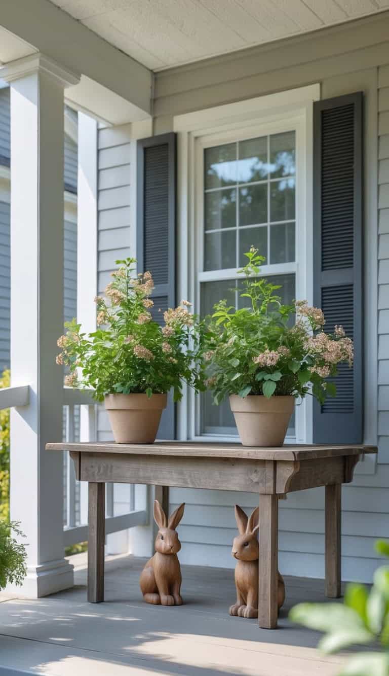 A porch with a wooden table holding two potted plants with light pink flowers, accompanied by two ceramic rabbit figures underneath, next to a window with shutters.