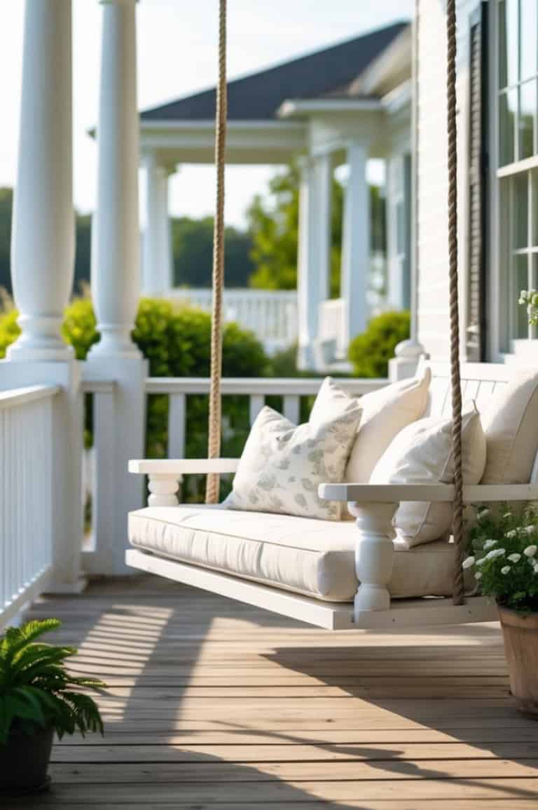 A white porch swing with cushioned seating and decorative pillows hangs from ropes on a wooden deck, surrounded by white columns and potted plants.