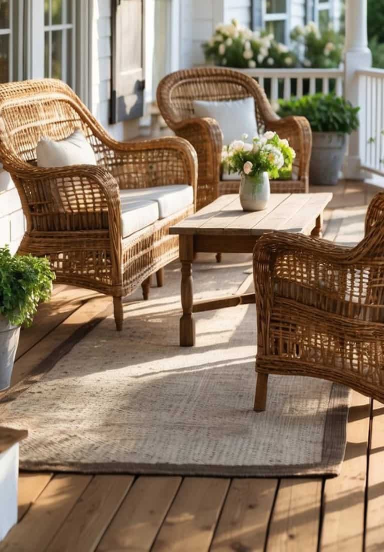 A cozy porch with wicker furniture, including two chairs and a loveseat with cushions, arranged around a wooden coffee table with a vase of flowers. The setting is on a wooden deck with a rug under the furniture, and potted plants are visible in the background beside a white house.