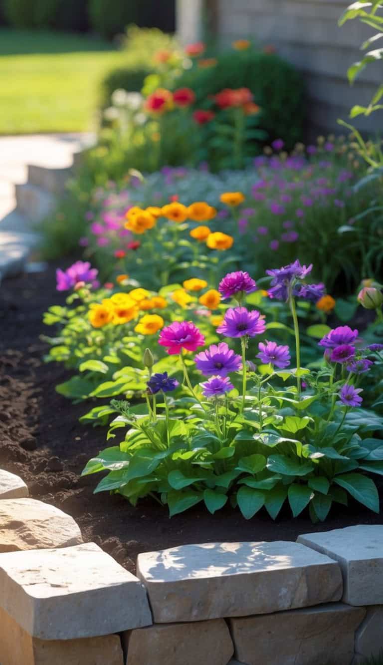 Vibrant garden bed with purple, orange, and red flowers bordered by stone edging, bathed in sunlight.