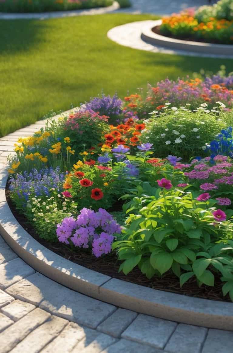 A vibrant flower bed filled with various colorful flowers including purple, red, yellow, and pink blossoms, surrounded by a circular stone pathway and lush green grass.