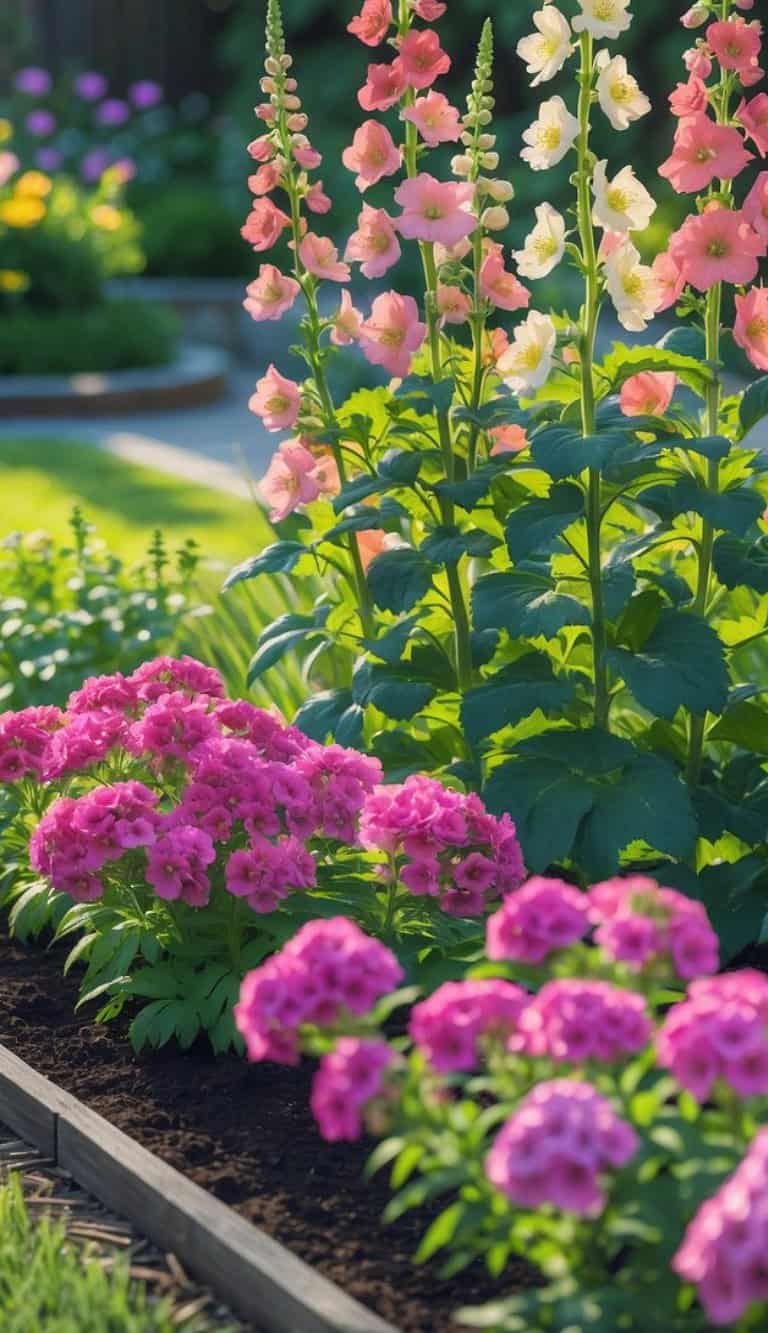 A colorful garden with pink and white snapdragons and vibrant pink phlox flowers, surrounded by lush green foliage and a neatly maintained lawn.