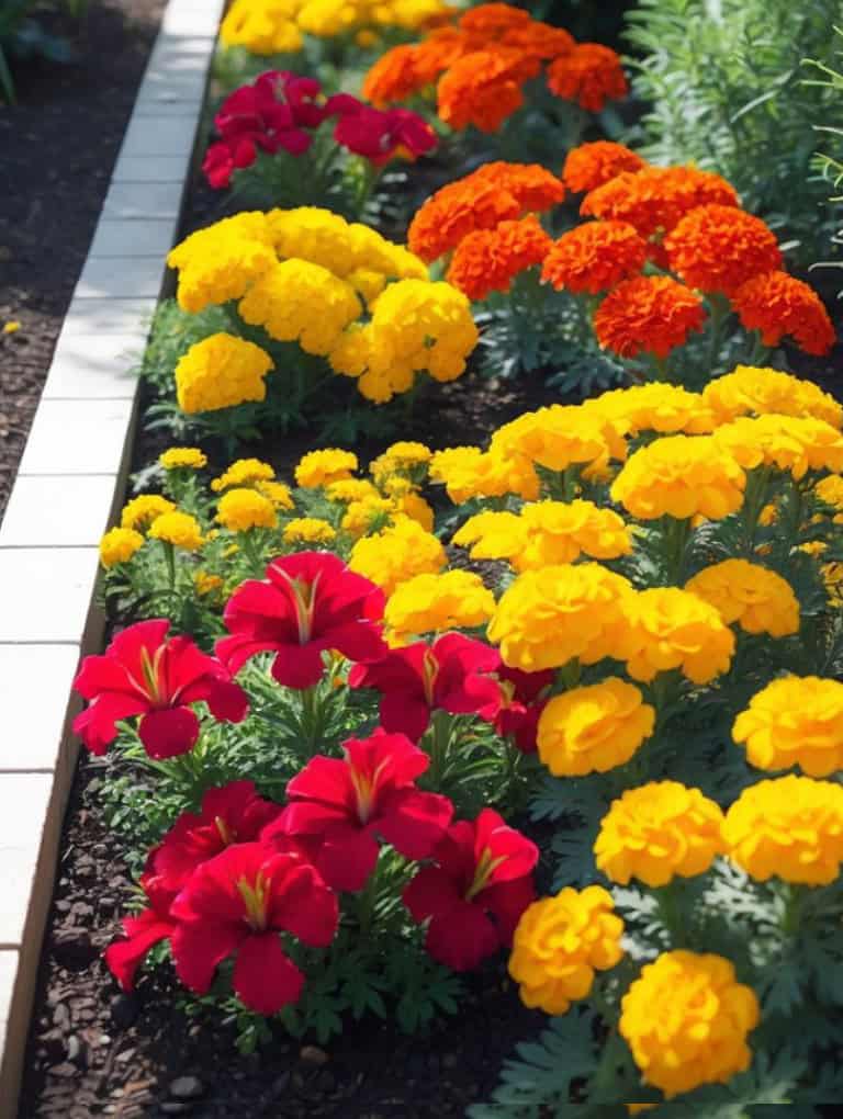 A vibrant garden bed featuring clusters of bright yellow, orange, and red flowers, lined neatly with white tiles on the edge.