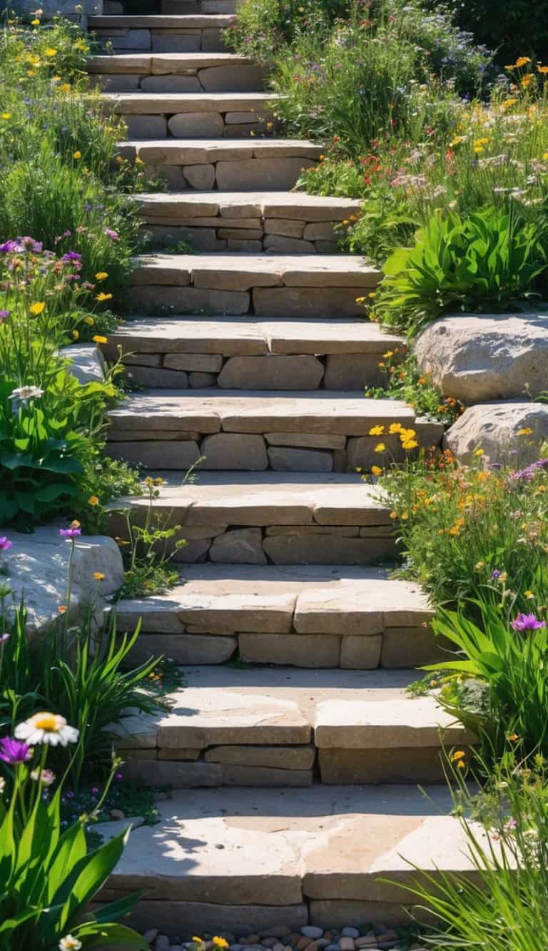 A set of stone steps surrounded by lush greenery and colorful wildflowers on a sunny day.