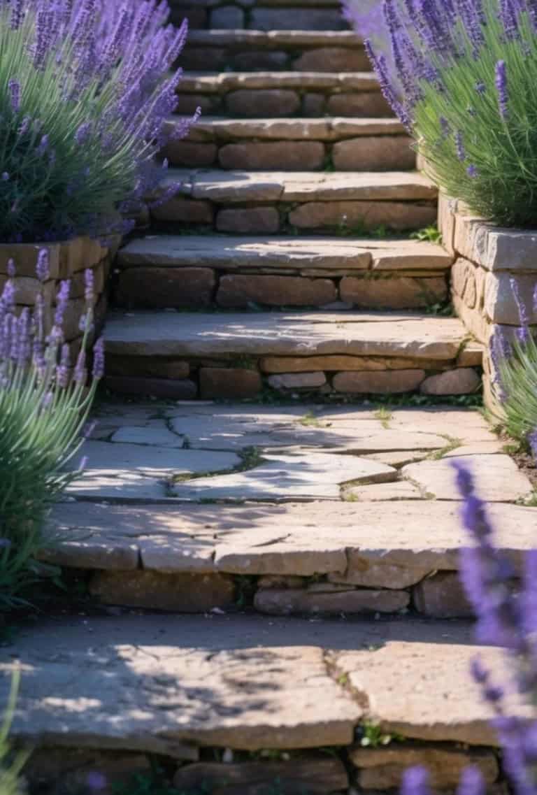 Stone steps flanked by blooming lavender plants in a garden setting.