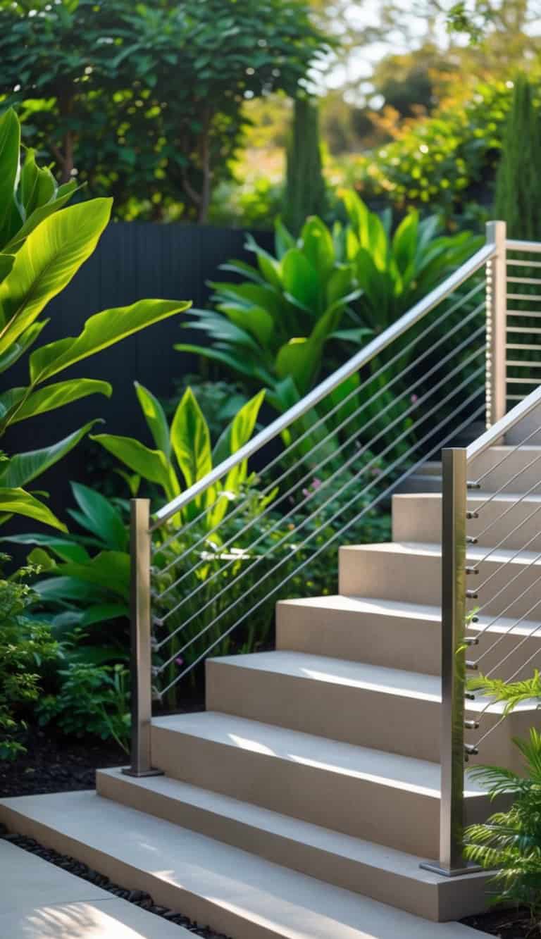 Stone steps with a modern metal railing, surrounded by lush green plants and trees in an outdoor garden setting.