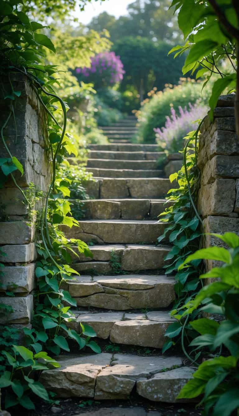 Stone steps leading through a lush garden, surrounded by green vines and flowering plants.