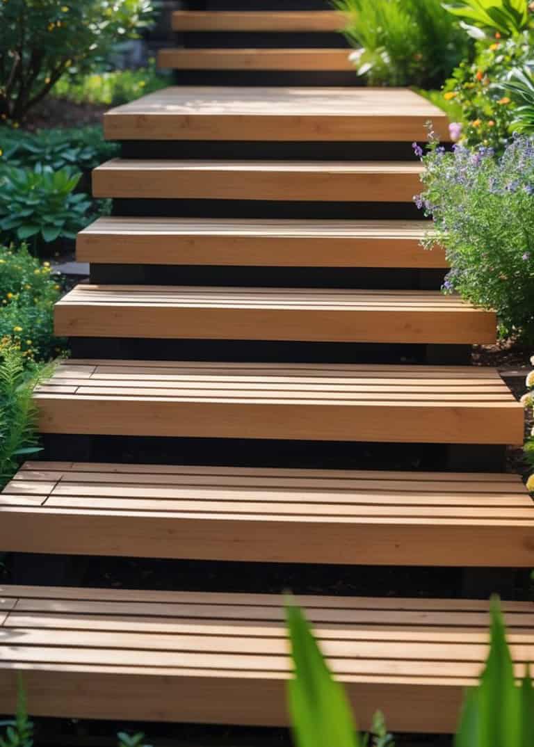 Wooden garden steps surrounded by lush greenery and flowering plants.