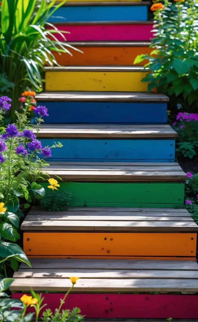 A flight of wooden steps with each riser painted in a different bright color, surrounded by vibrant flowers and green foliage.