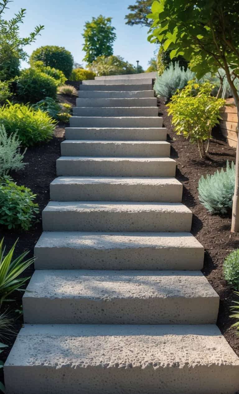 A series of concrete steps leading upward, flanked by lush, green plants and shrubs, under a clear blue sky.