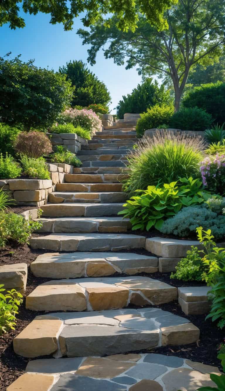 Stone steps surrounded by lush green plants and bushes, leading upwards under the shade of trees on a sunny day.