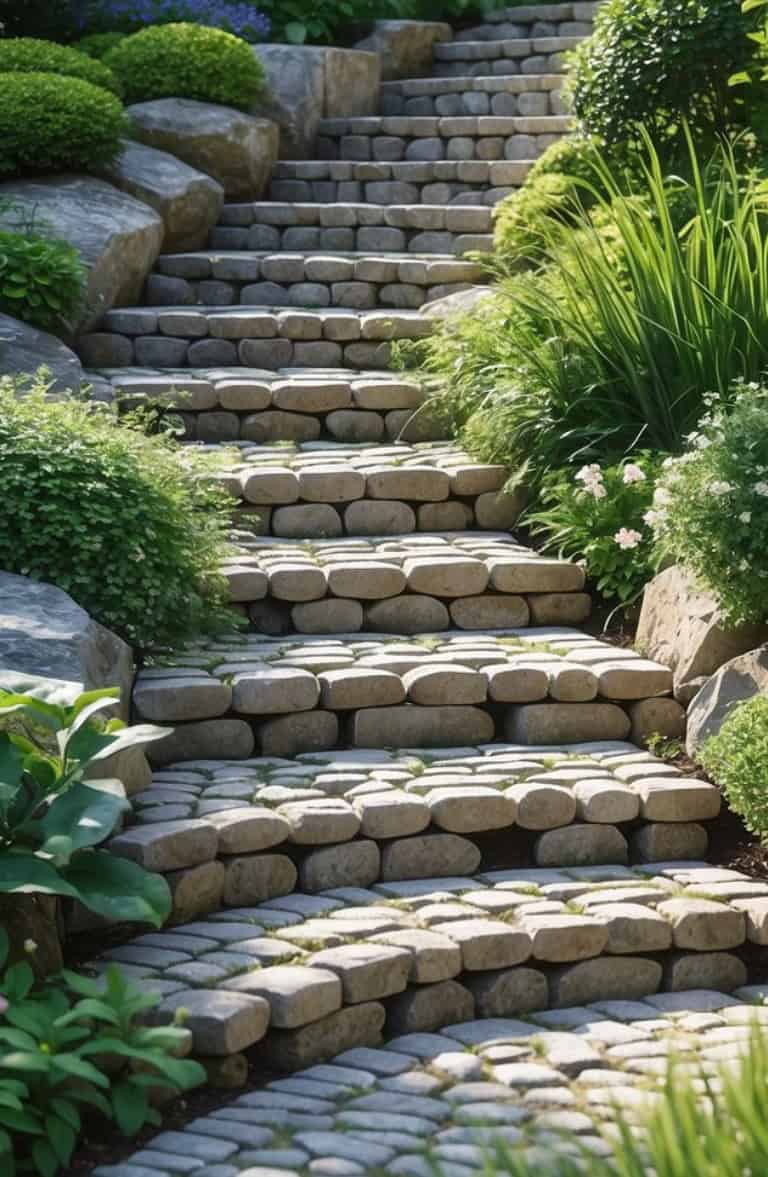 A stone staircase surrounded by lush green plants and shrubs in a garden, with sunlight casting shadows over the natural stone path.