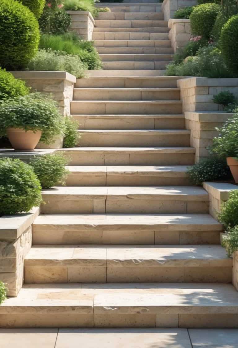 Stone steps surrounded by lush green plants and shrubs, leading upward in a garden landscape.