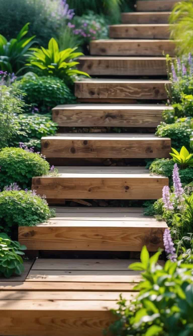 Wooden steps set in a lush garden with green foliage and purple flowering plants lining the sides.