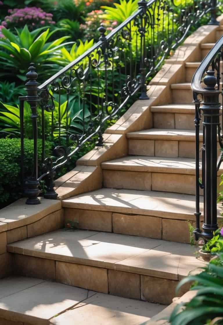A stone outdoor staircase with ornate black wrought iron railings, surrounded by lush green plants and foliage in a garden setting.