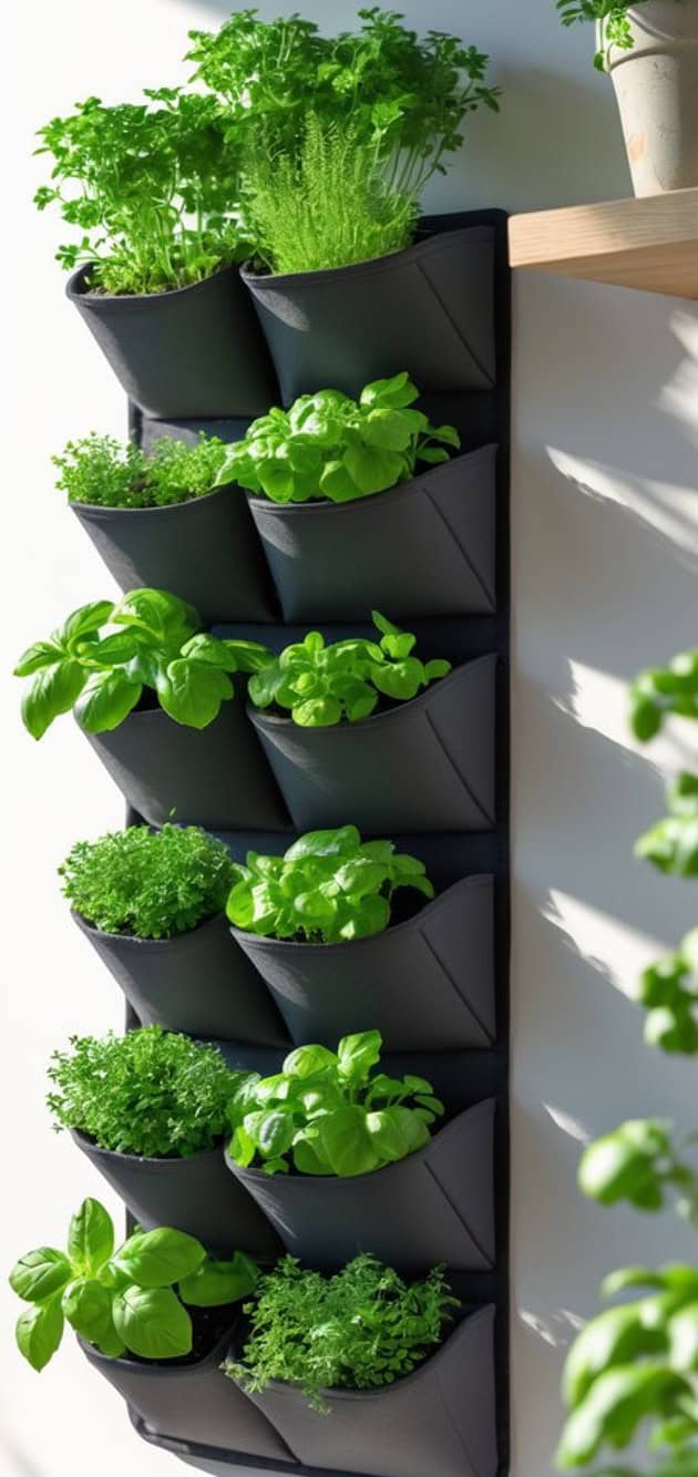 Vertical garden with multiple pockets mounted on a wall, each filled with fresh green herbs, under bright natural lighting.
