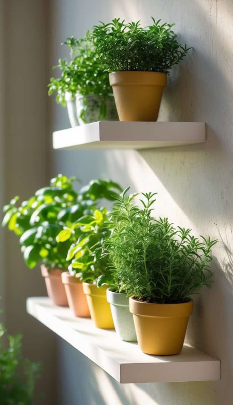 Two shelves mounted on a wall hold several potted herbs, including basil and rosemary, in various colored pots, lit by natural sunlight.