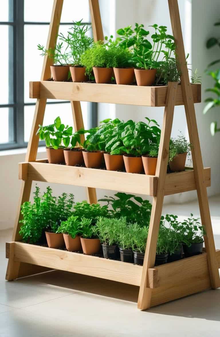 A wooden shelf holding multiple terracotta pots filled with various green herbs, positioned near a large window allowing natural light to illuminate the plants.