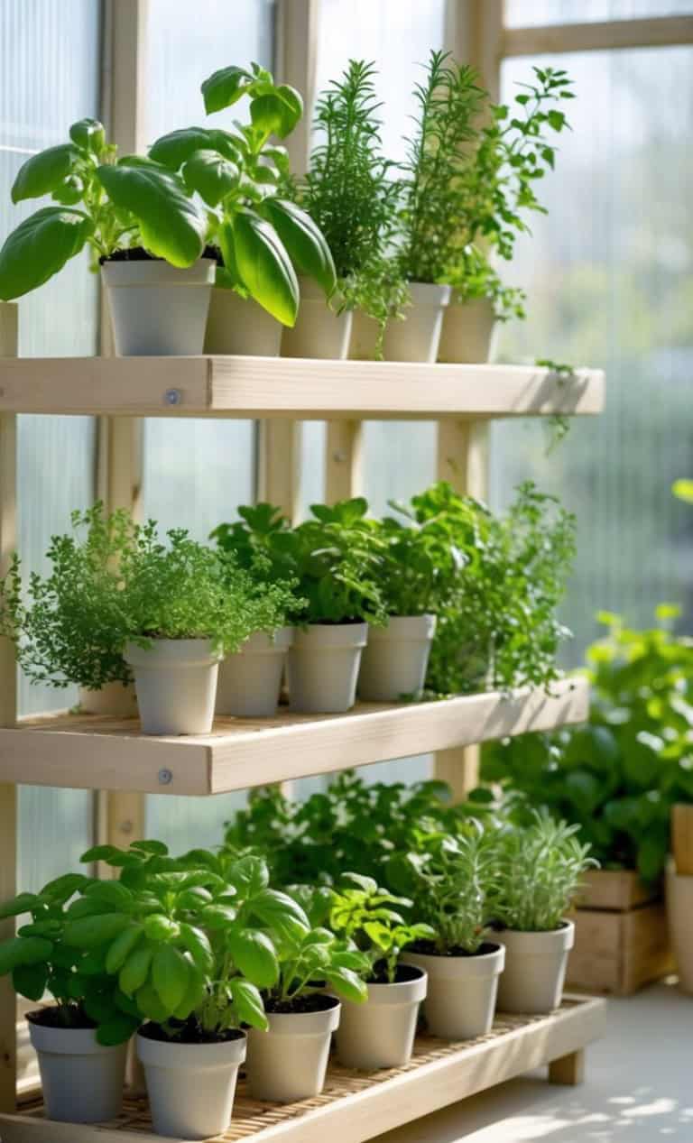 A wooden shelf holding multiple small pots with various herbs, including basil and rosemary, in a sunny indoor setting.