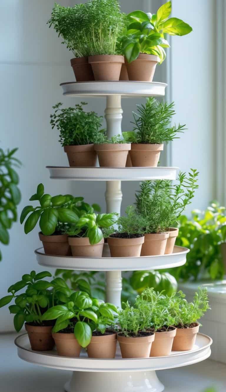 A white three-tiered stand holding several small pots of fresh green herbs, including basil and rosemary, placed by a window in natural light.