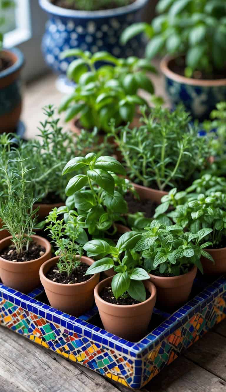 A collection of small terracotta pots with various herbs, including basil and rosemary, placed in a colorful mosaic tray on a wooden surface. The background shows additional potted plants, indicating an indoor herb garden setup.