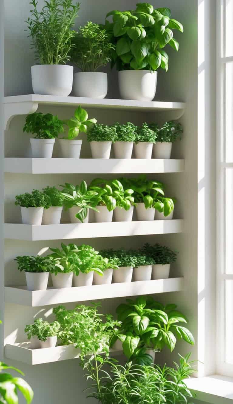 A collection of potted herbs arranged on white shelves next to a window, receiving natural sunlight.