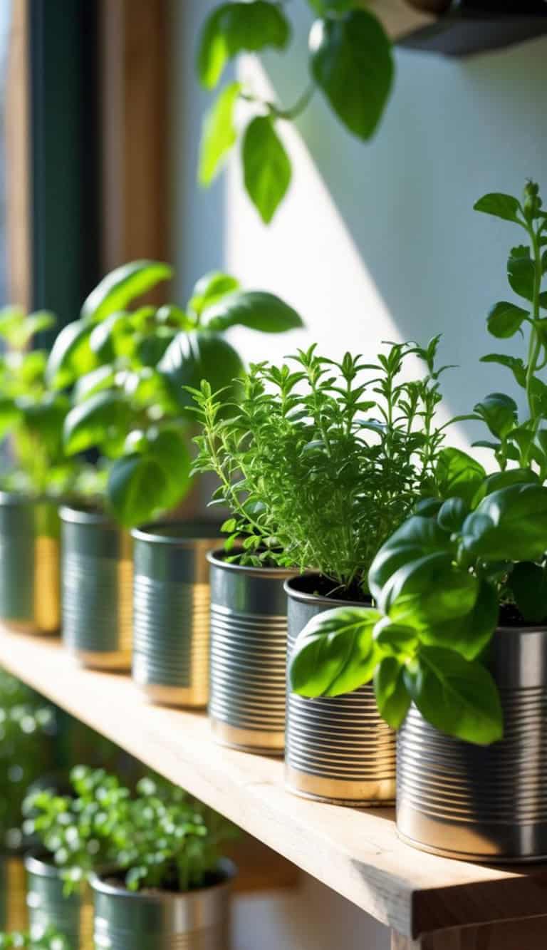 A row of green herbs growing in repurposed tin cans on a wooden shelf, with sunlight streaming in through a nearby window.
