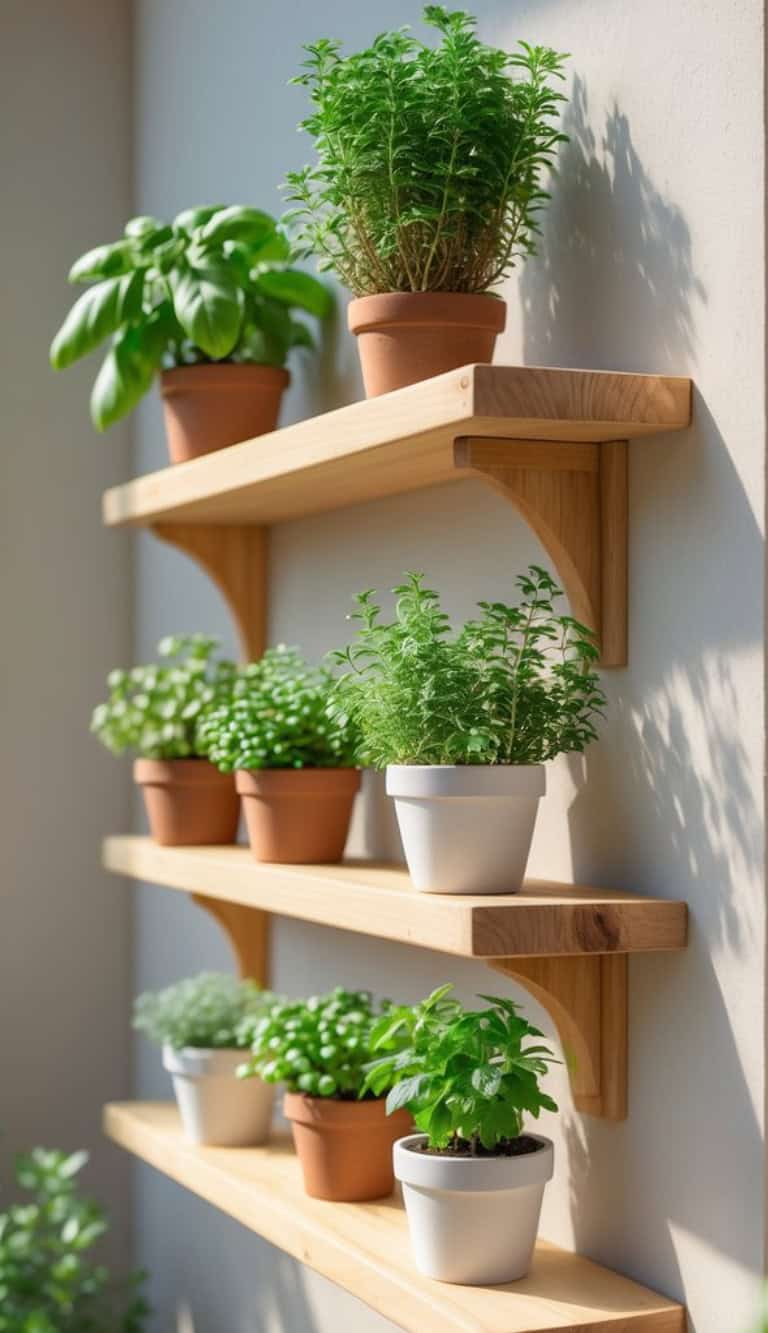 A set of wooden wall shelves holding various potted herbs, including basil and mint, in terracotta and white pots, with sunlight casting shadows on the wall.
