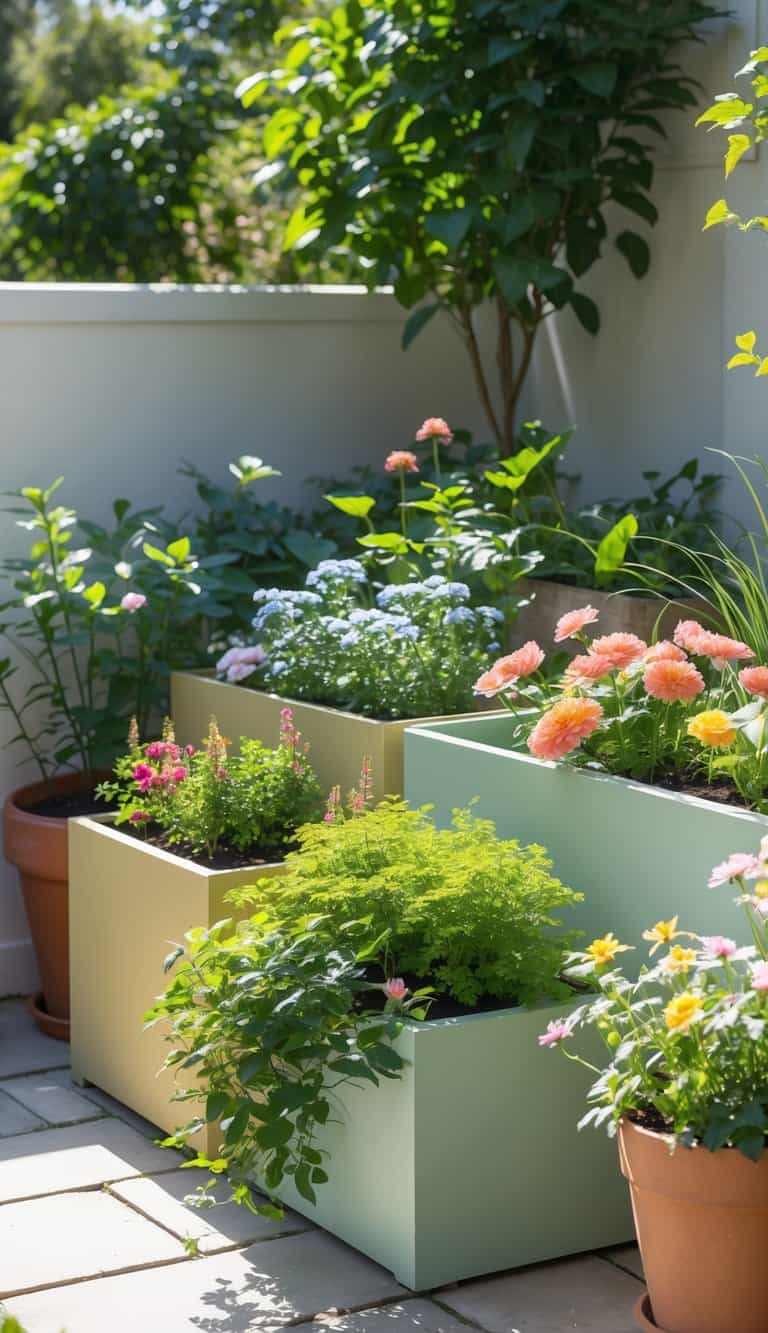 A home garden corner with painted planters filled with plants and flowers under bright natural sunlight.