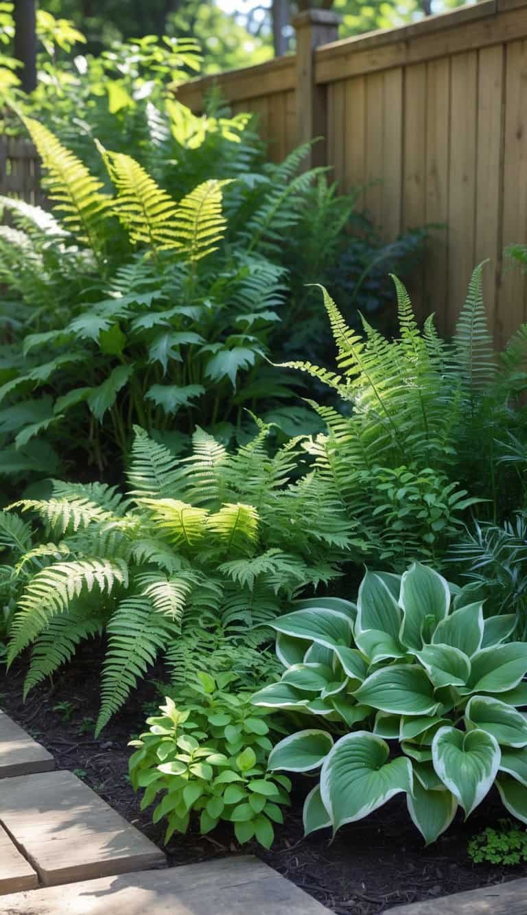 A small home garden corner with lush green ferns and hostas under bright natural sunlight.