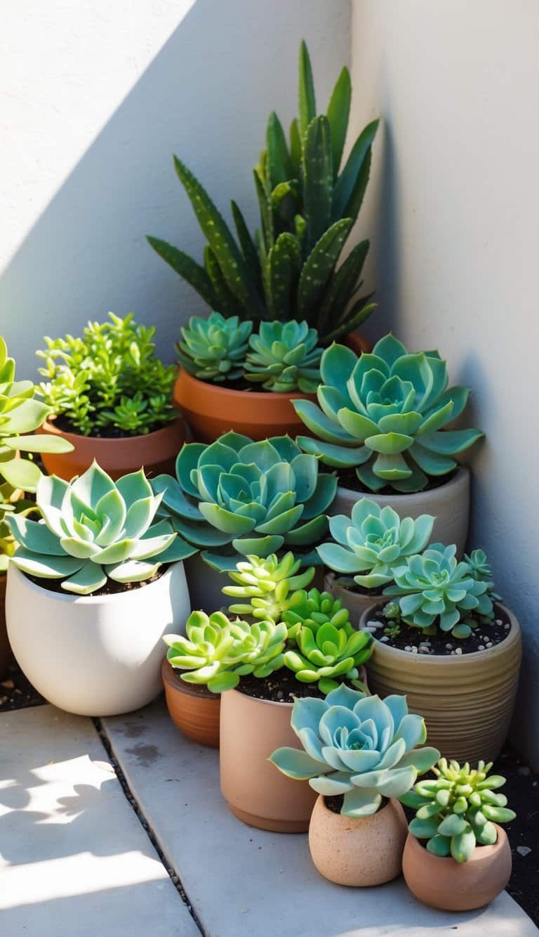 A small home garden corner with various succulents in different pots arranged neatly in bright natural sunlight.