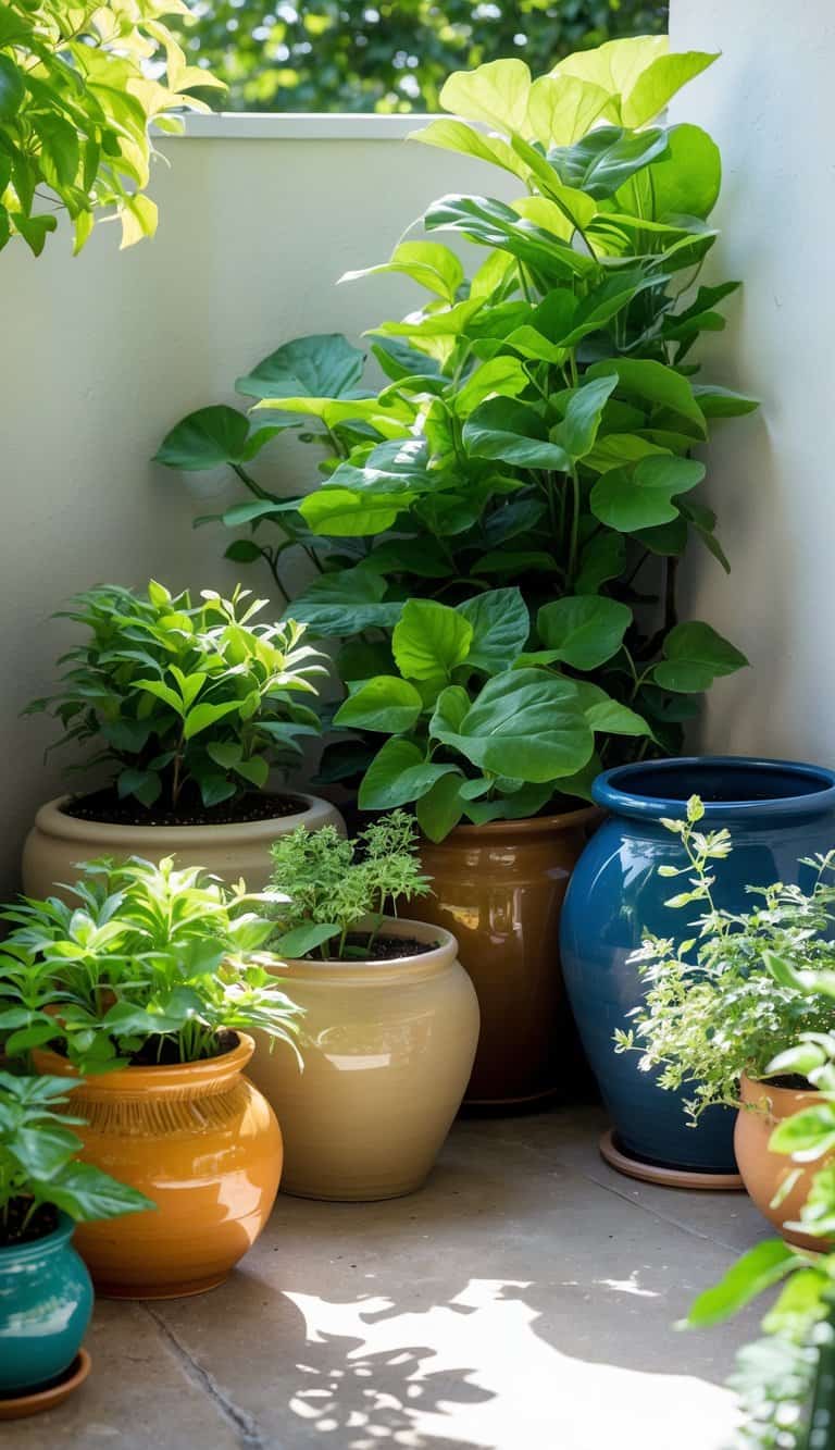 A collection of various green plants in colorful pots are arranged on a sunlit patio corner, including large leafy plants in blue and terracotta pots.
