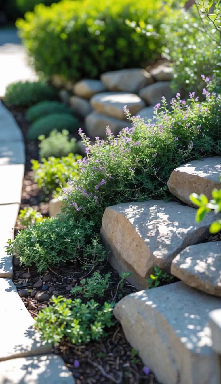 A corner of a home garden with a rock wall covered in creeping thyme and various green plants under bright sunlight.