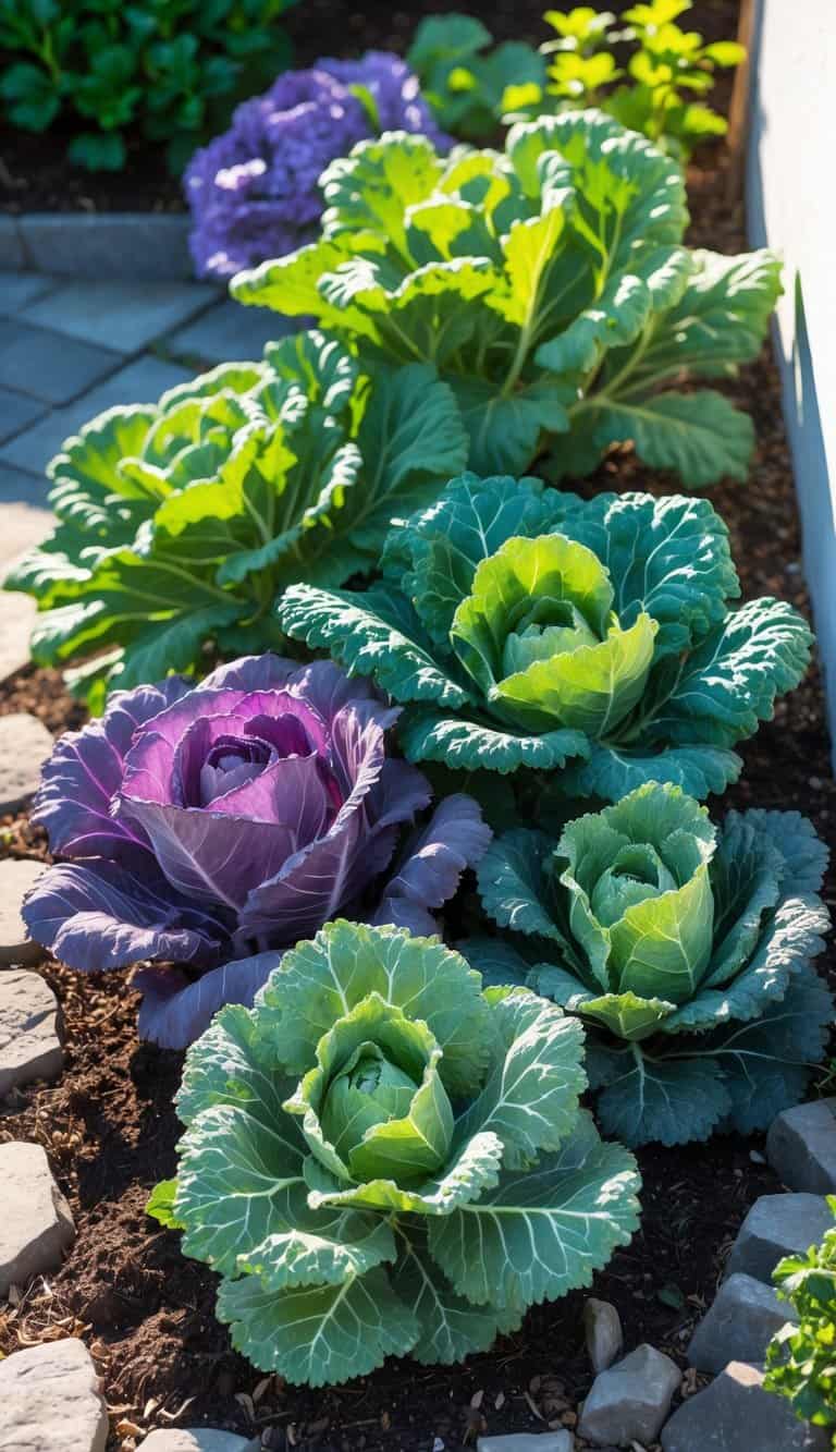 A small home garden corner with ornamental kale and cabbage plants under bright natural sunlight.