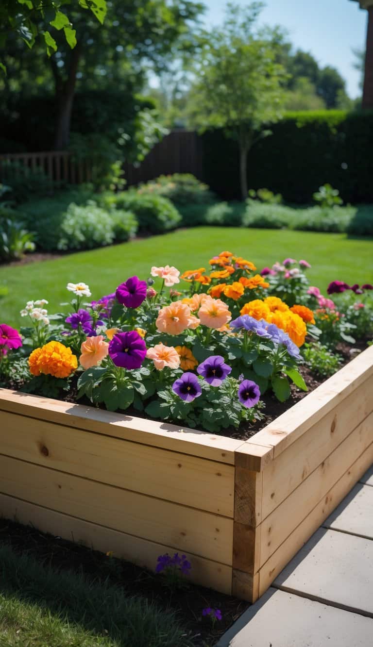 A raised wooden flower bed filled with colorful annual flowers in a home garden under bright sunlight.